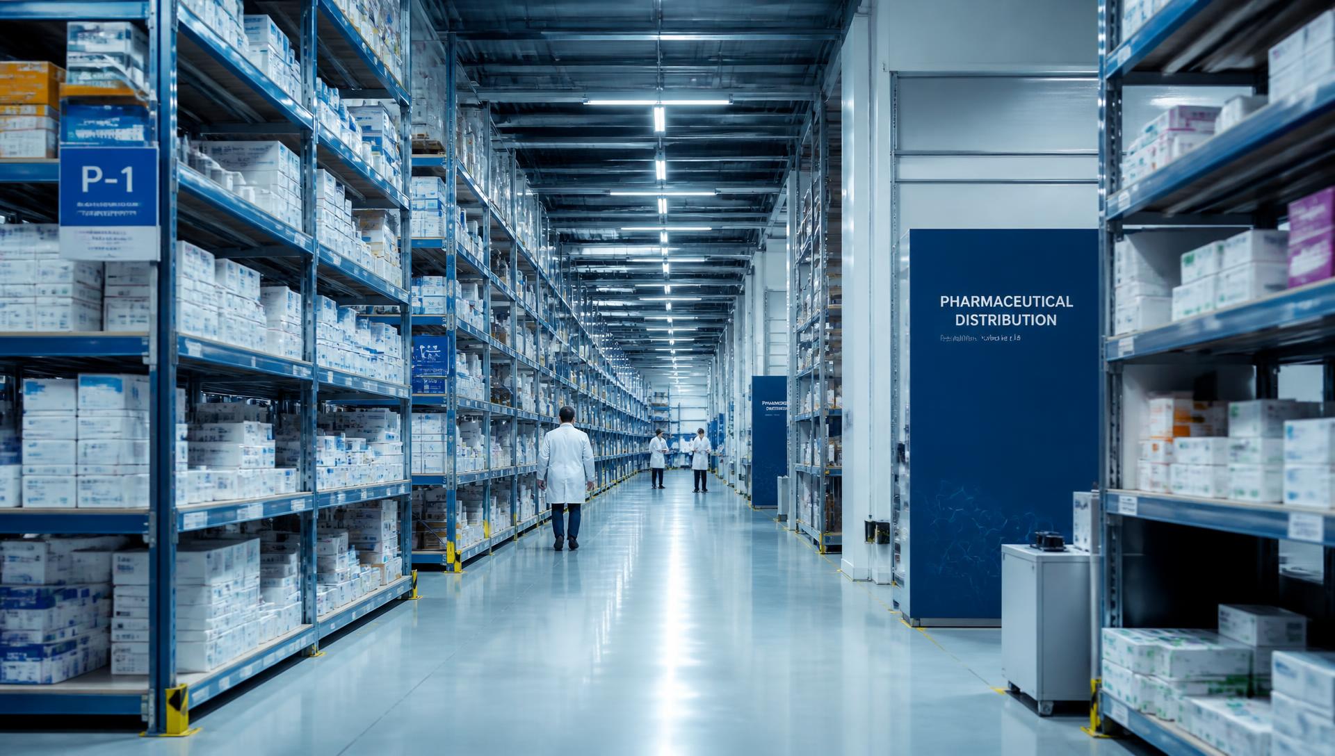 Aisle of a modern pharmaceutical distribution warehouse stocked with medications