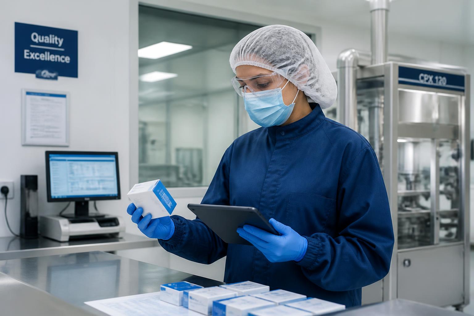 Quality control technician inspecting medication packaging in a pharmaceutical lab